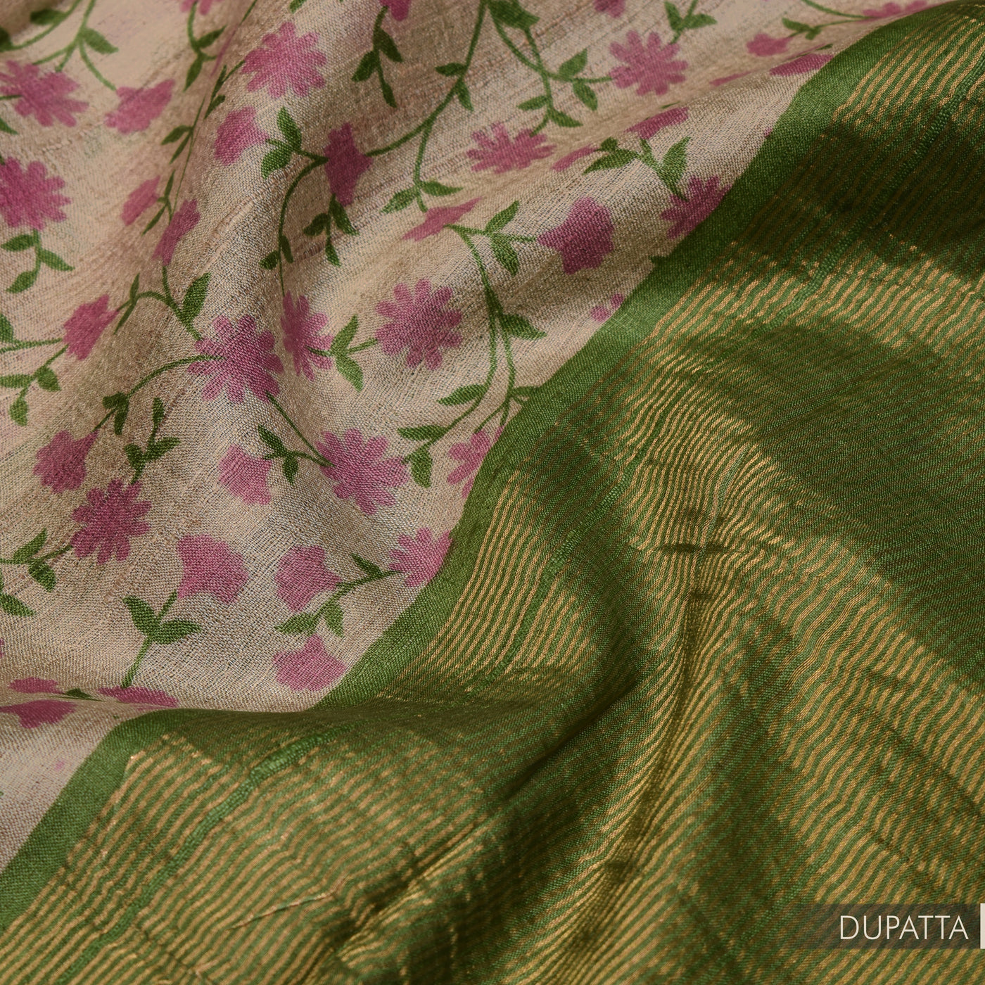 Light Green Tussar Silk Salwar with Off White Floral Creeper Dupatta