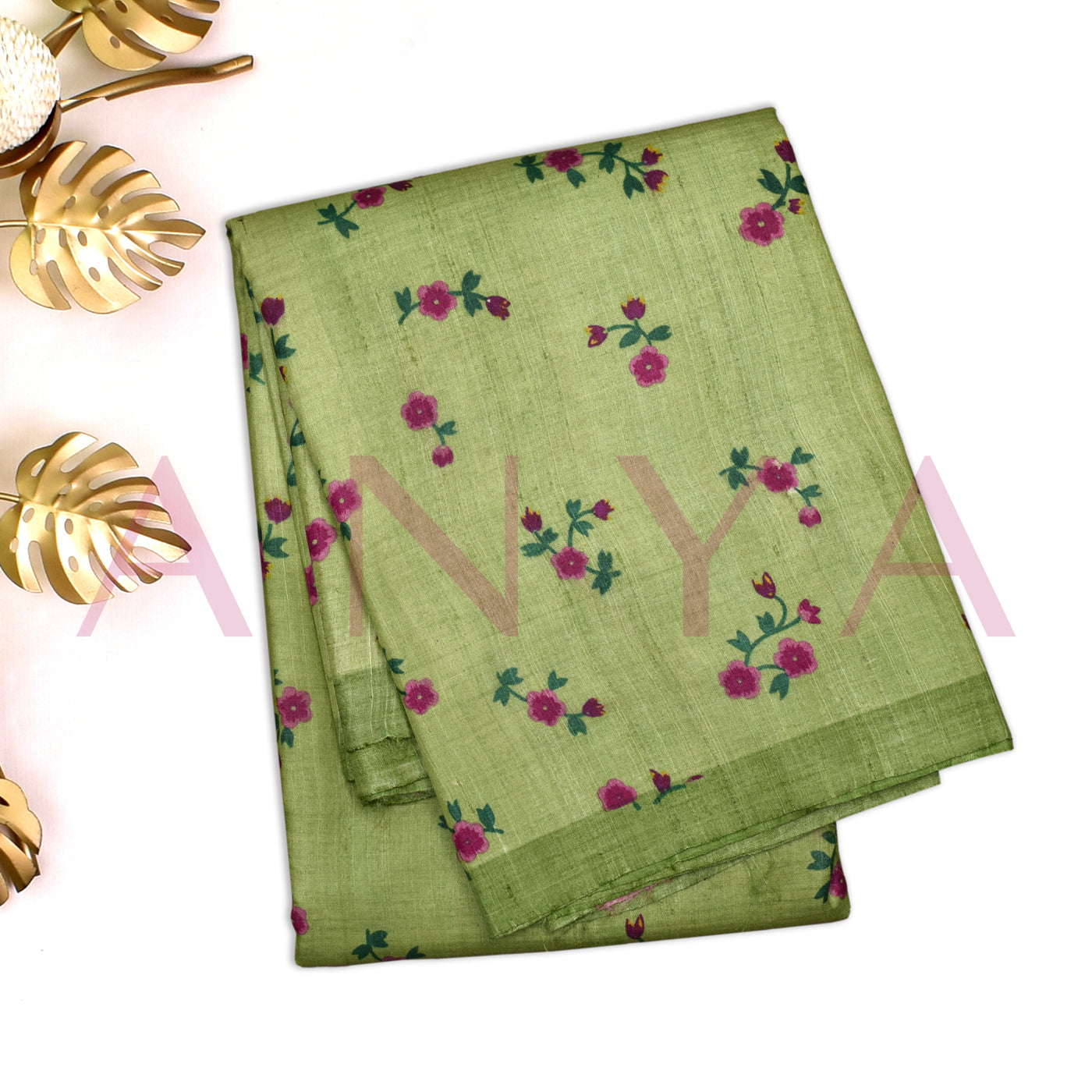 Apple Green Tussar Silk Saree with Small Flower Printed Design