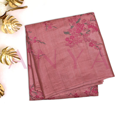 Pink Tussar Silk Saree with Floral Embroidery Design