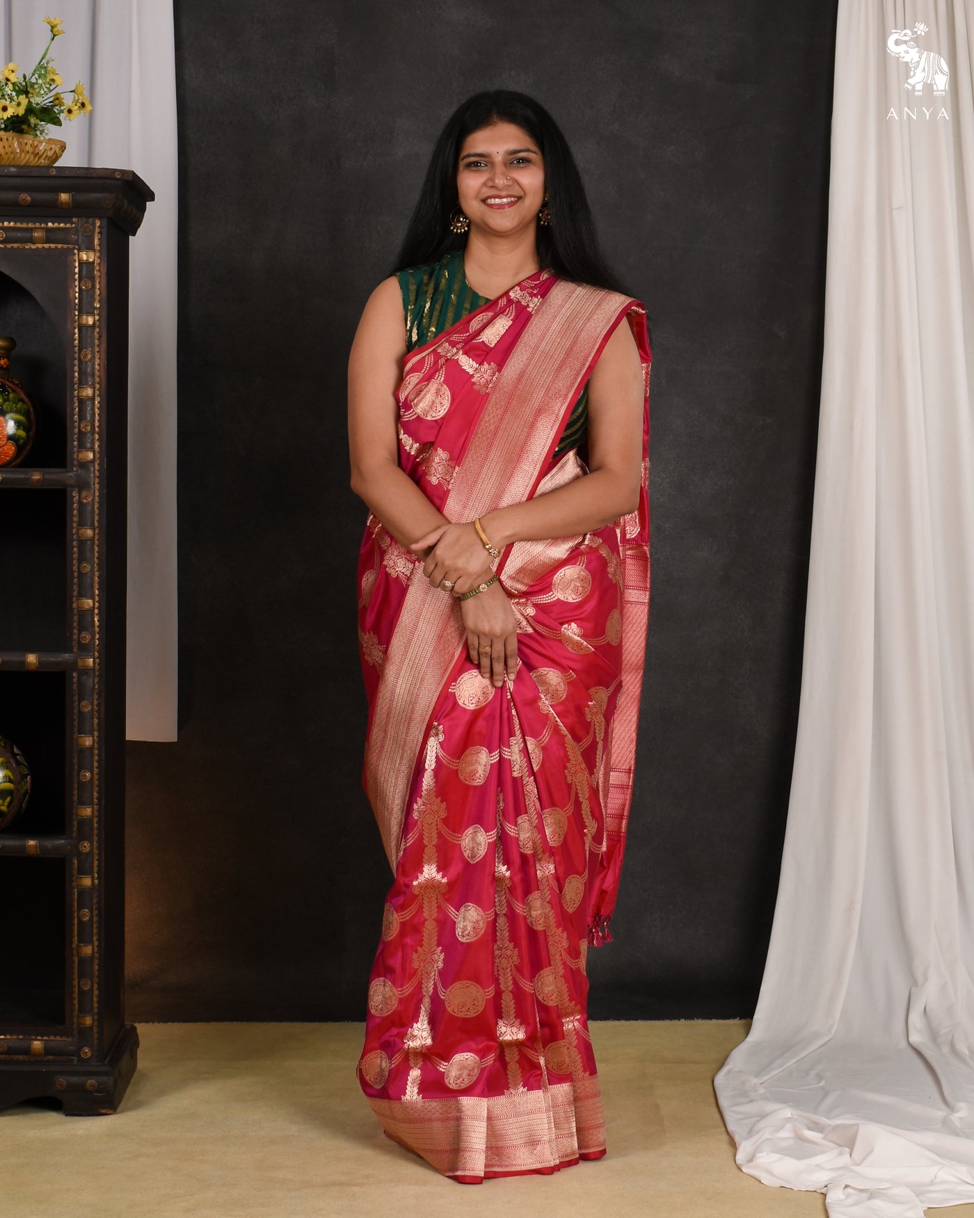 Rani Pink Banarasi Silk Saree with Creeper Design