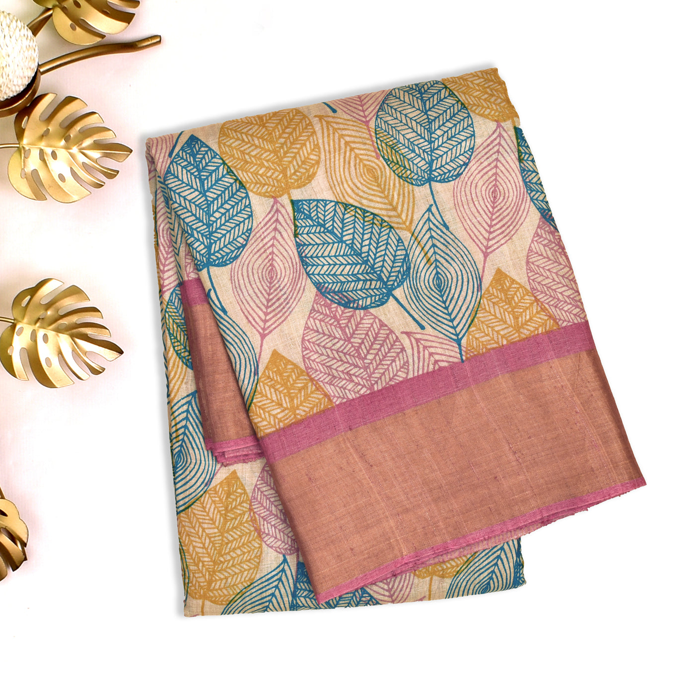 Off White Tussar Silk Saree with Leaf Printed Design