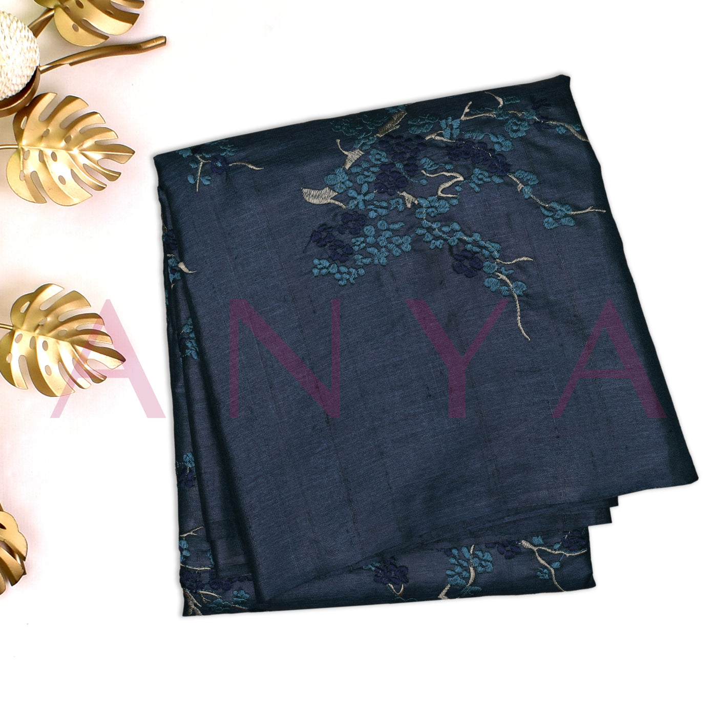 Navy Blue Tussar Silk Saree with Floral Embroidery Design