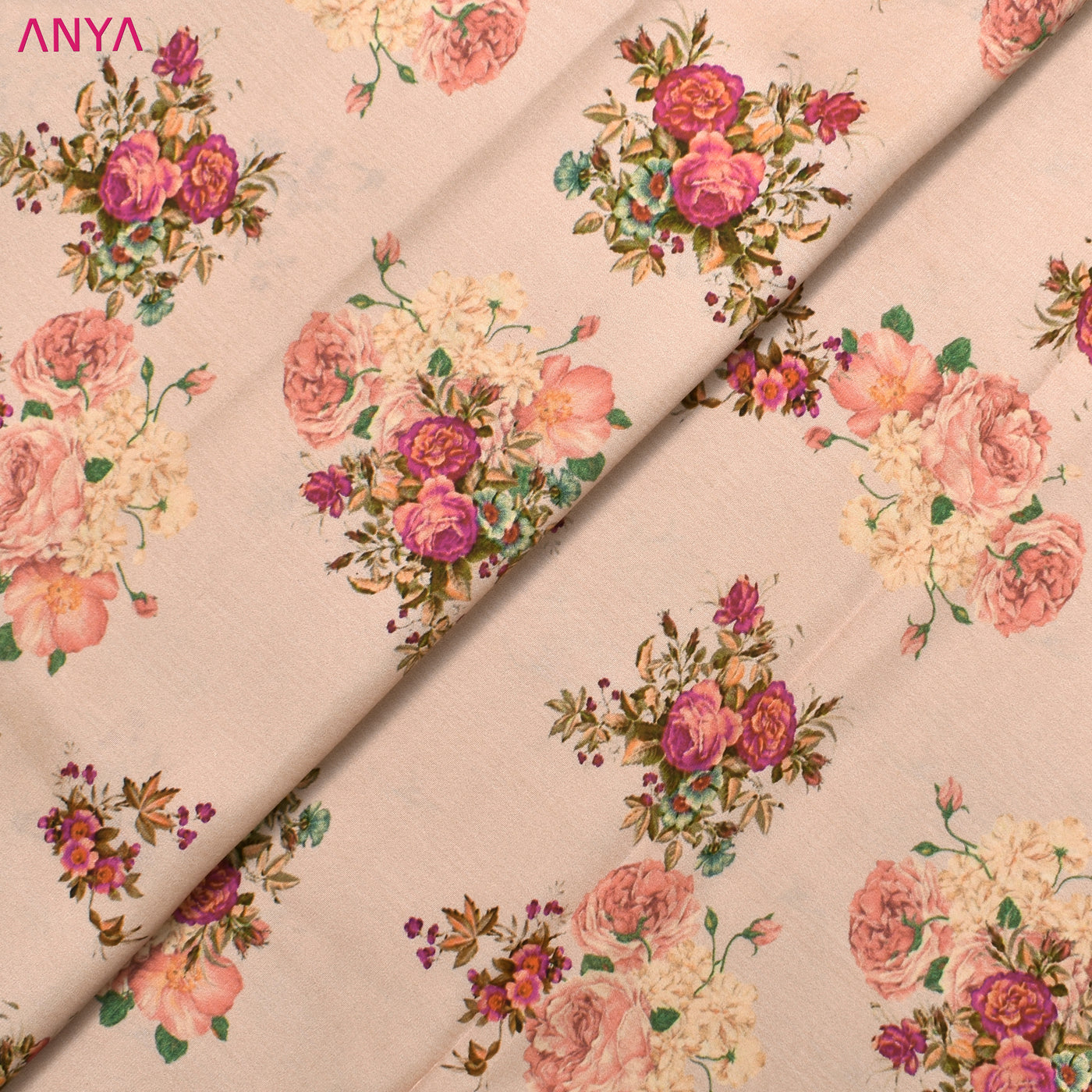 Light Peach Kanchi Discharge Printed Silk Fabric with Floral Design