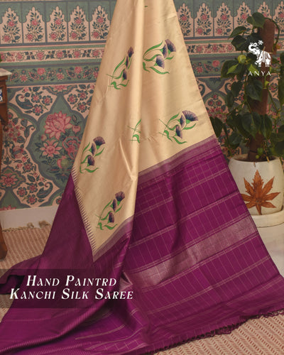 Off White Hand Painted Kanchi Silk Saree with Zari Kattam and Floral Painted Design