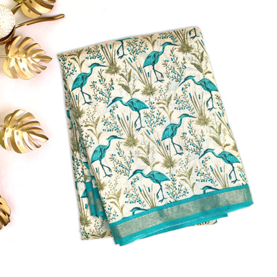 Off White Chanderi Silk Saree with Birds Print Design
