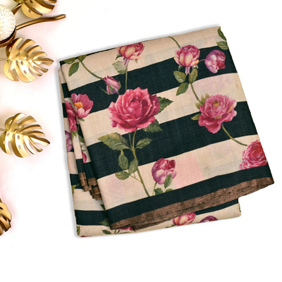 Off White and Black Tussar Silk Saree with Rose Printed Design