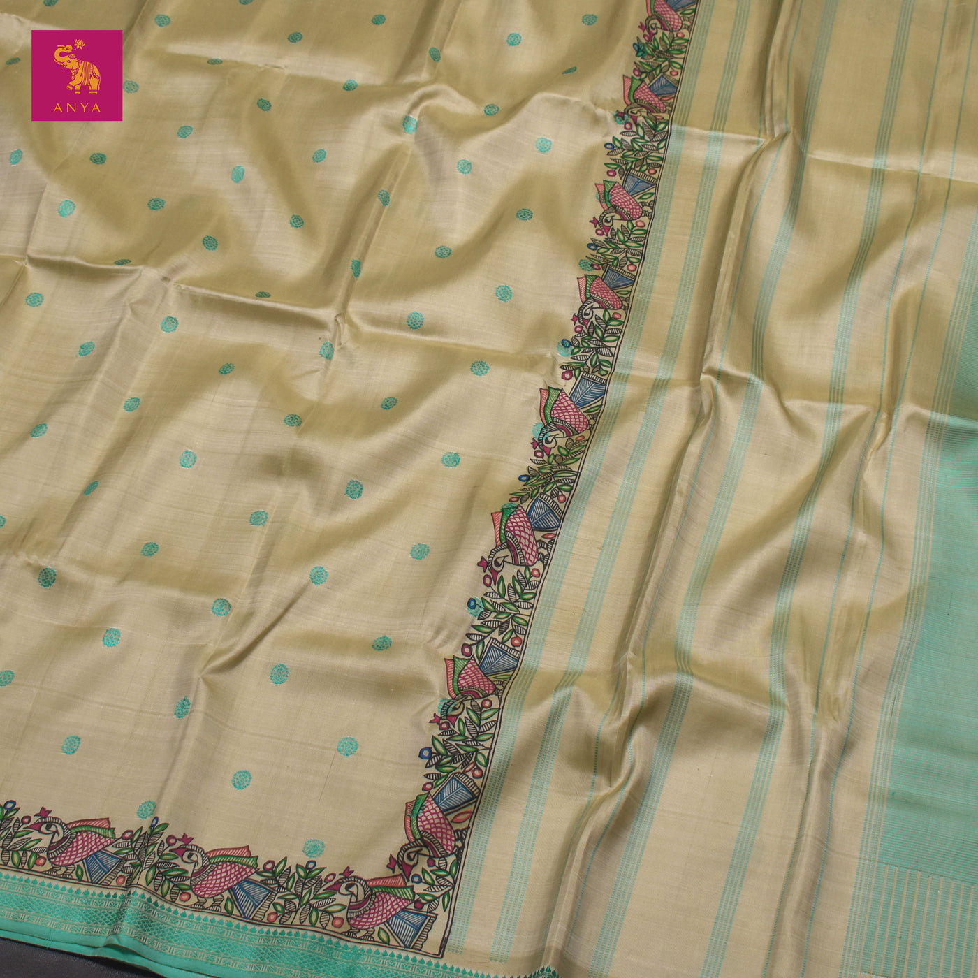 Off White Madhubani Kanchi Silk Saree with Small Round Butta Design