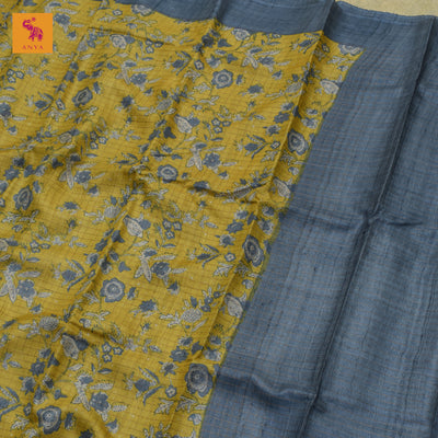 Lemon Yellow Tussar Silk Saree with Small Zari Kattam and Floral Print Design