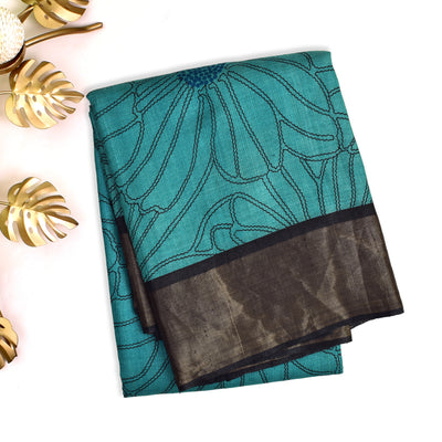 Blue Tussar Silk Saree with Floral Printed Design