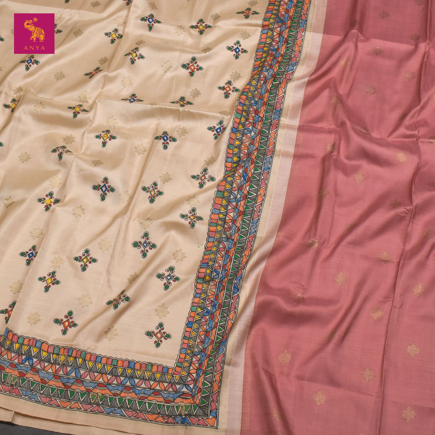 Off White Madhubani Kanchi Silk Saree with Pink and Green Zari Butta Pallu