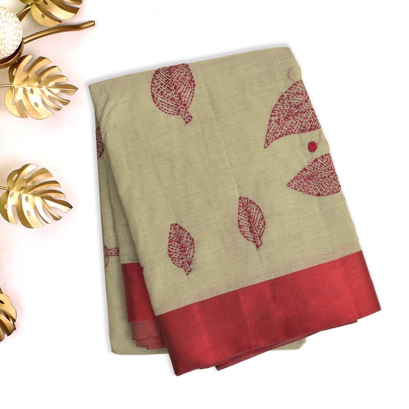 Off White Cotton Saree with Red Kantha Work Design