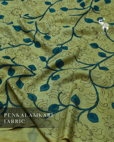 Apple Green Pen Kalamkari Kanchi Silk Fabric
