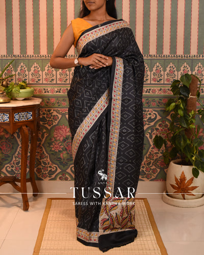 Black Tussar Silk Saree with Kantha Work Design