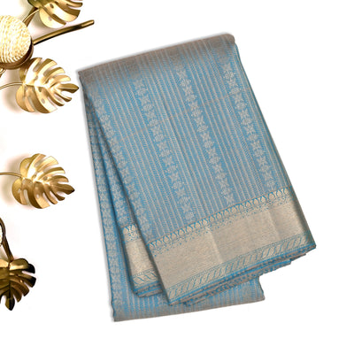 Baby Blue Kanchipuram Silk Saree with Silver Stripes Design