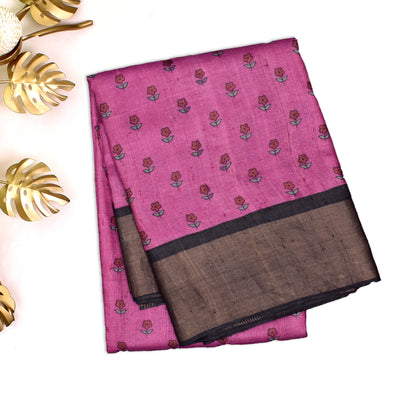 Magenta Tussar Silk Saree with Small Flower Printed Design
