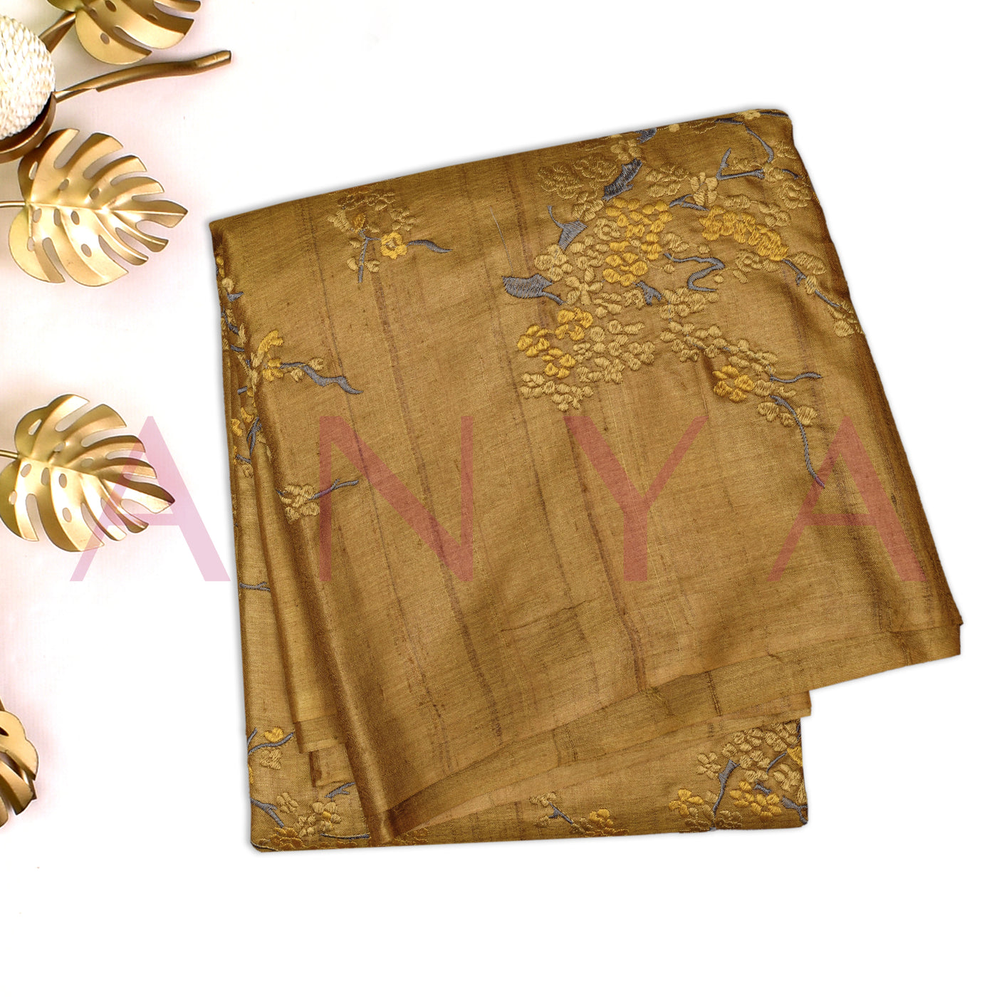 Oil Mustard Tussar Silk Saree with Floral Embroidery Design