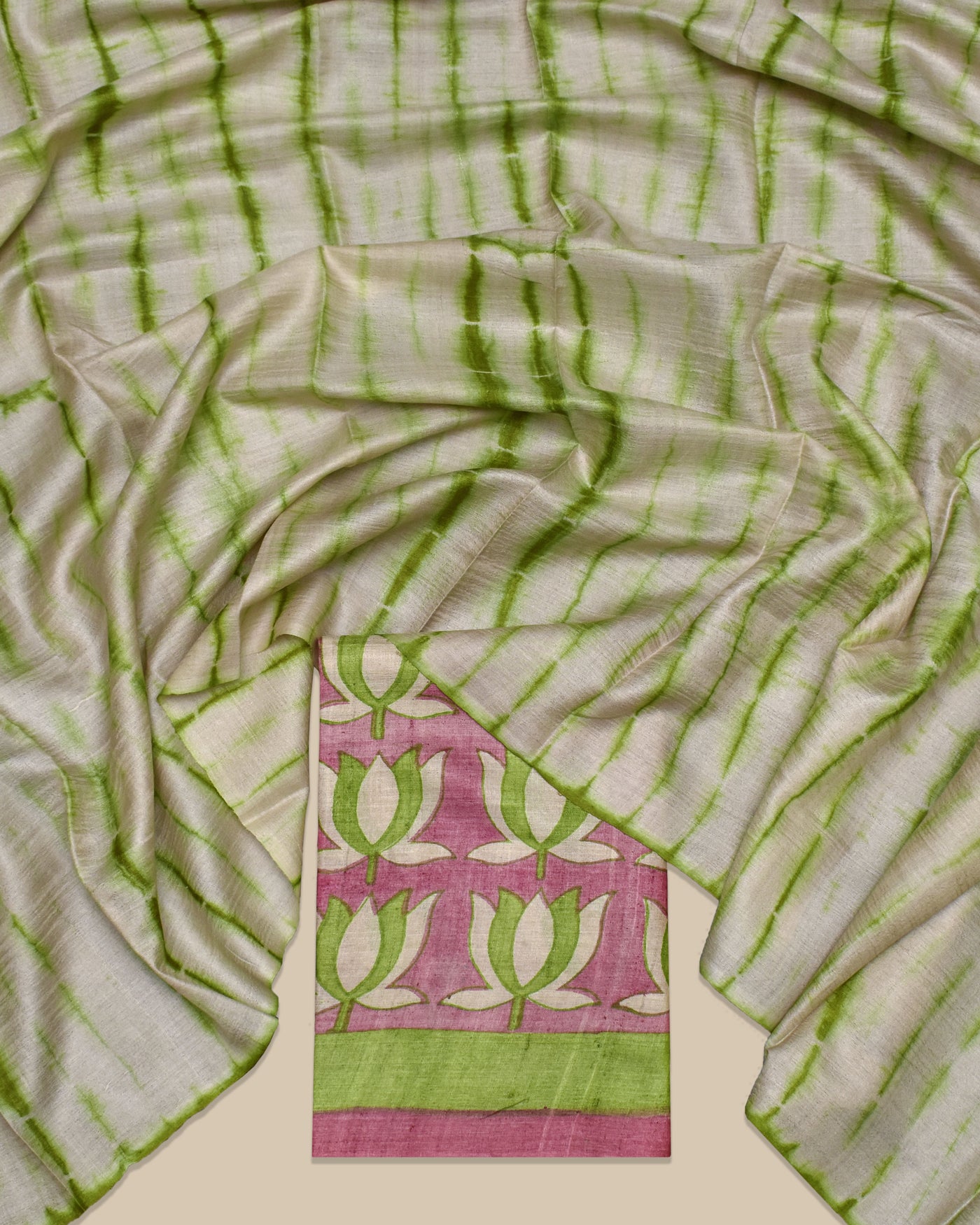 Pink Tussar Silk Salwar with Green and Off White Shibori Print Dupatta