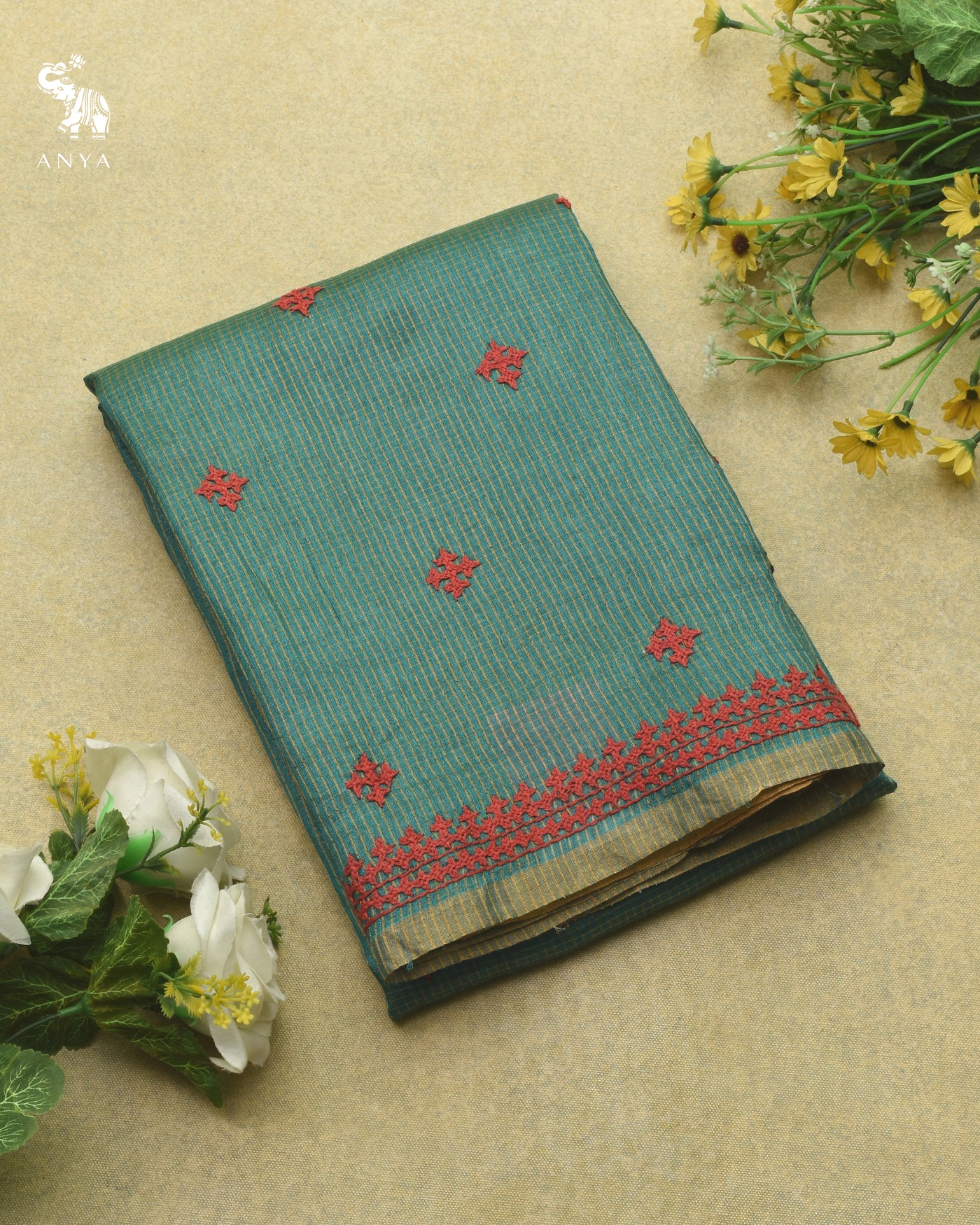 Green Tussar Silk Saree with Kutch Work Design