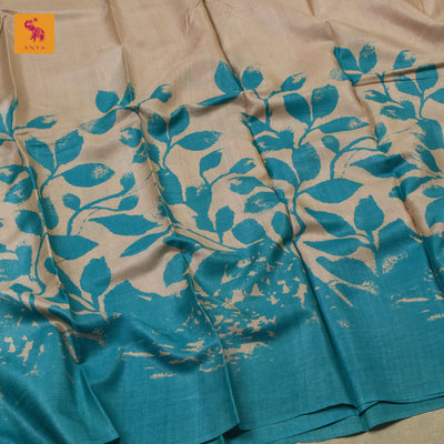 Off White and Blue Tussar Silk Saree with Floral Design