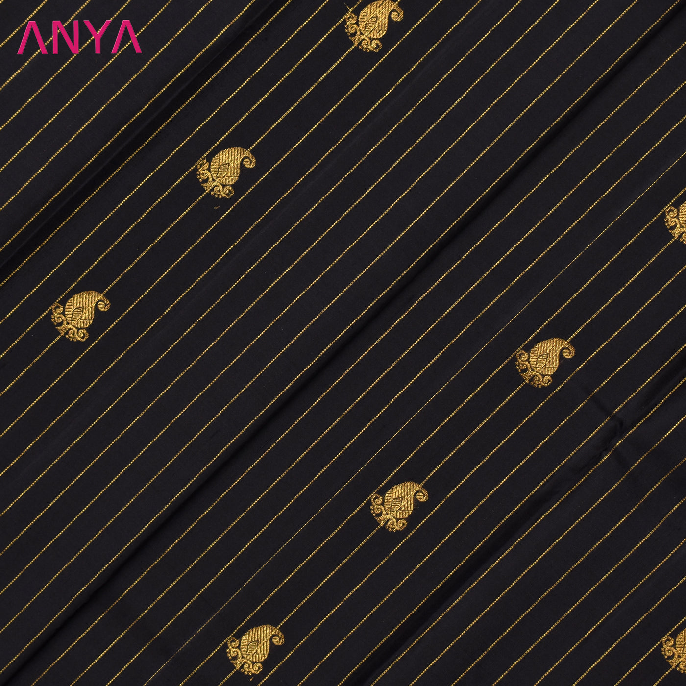 Black Kanchi Silk Fabric with Mango Butta and Muthu Seer Lines Design