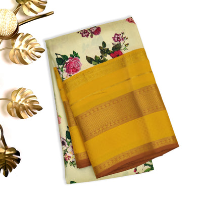 Off White Printed Kanchi Silk Saree with Floral Design
