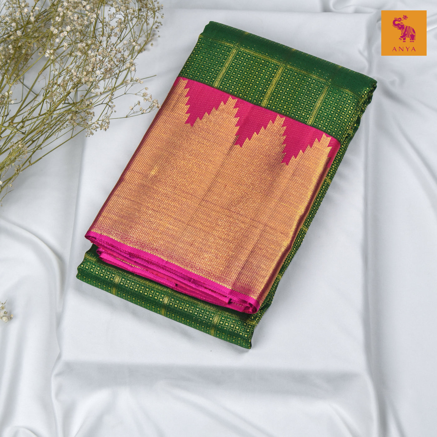 Bottle Green Kanchipuram Silk Saree with Small Zari Kattam Butta Design