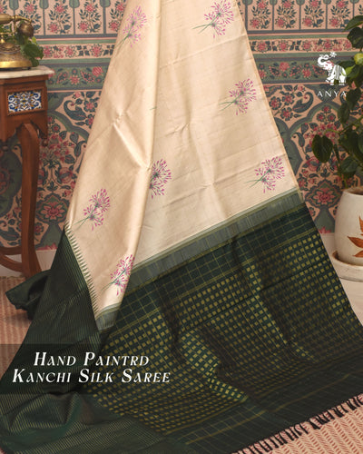 Off White Hand Painted Kanchi Silk Saree with Floral Painted and Zari Kattam Design