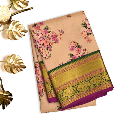 Peach Printed Kanchi Silk Saree with Floral Design