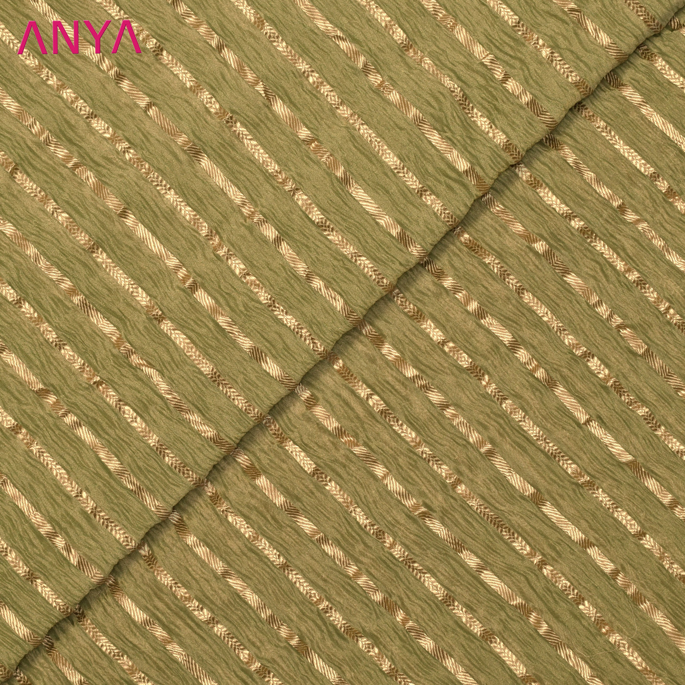 Elaichi Green Organza Crush Tissue Fabric with Golden Stripes Design