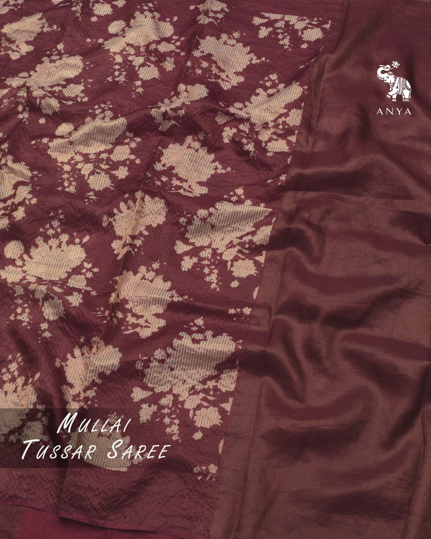 Rust Tussar Silk Saree with Checks and Floral Print Design
