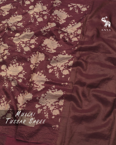 Rust Tussar Silk Saree with Checks and Floral Print Design