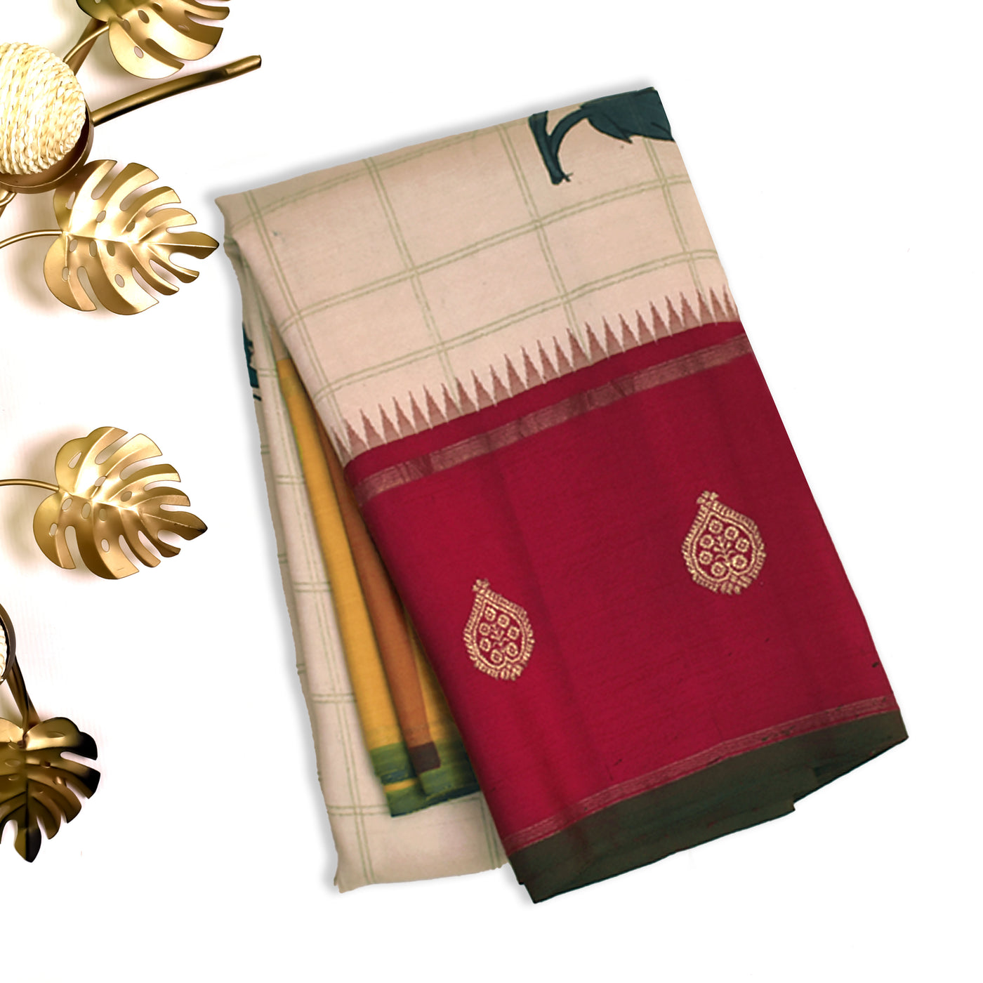 Off White Pen Kalamkari Silk Saree with Lotus Design