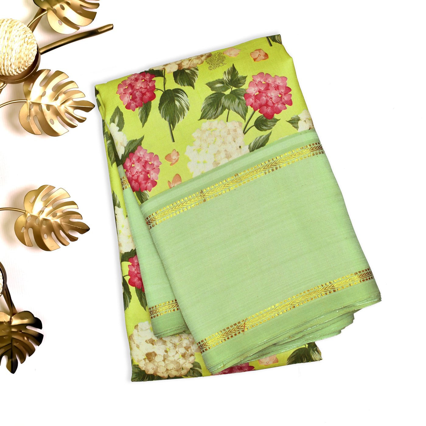 Fluorescent Green Printed Kanchi Silk Saree with Floral Design