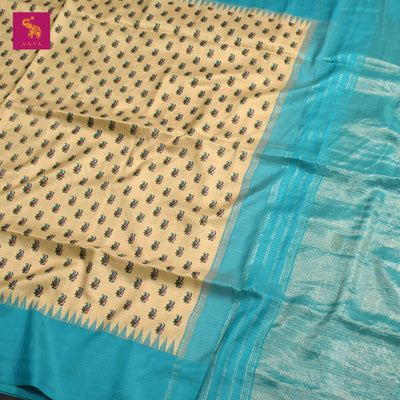 Off White Printed Kanchi Silk Saree with Small Print and Small Zari Checks Design