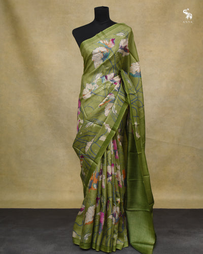 Apple Green Tussar Silk Saree with Floral Printed Design