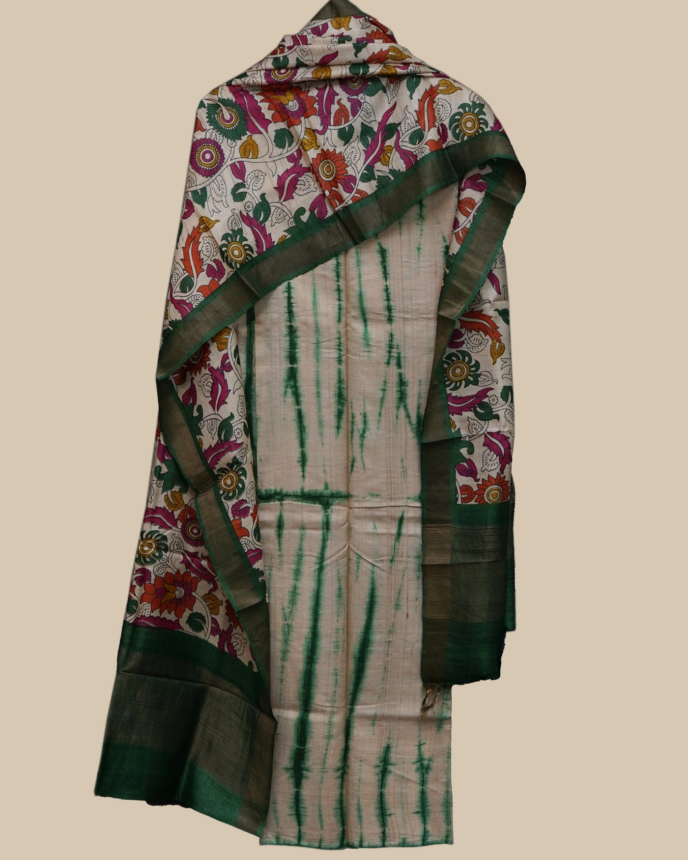 Green Shibori Print Tussar Silk Salwar with Green Kalamkari Print Dupatta