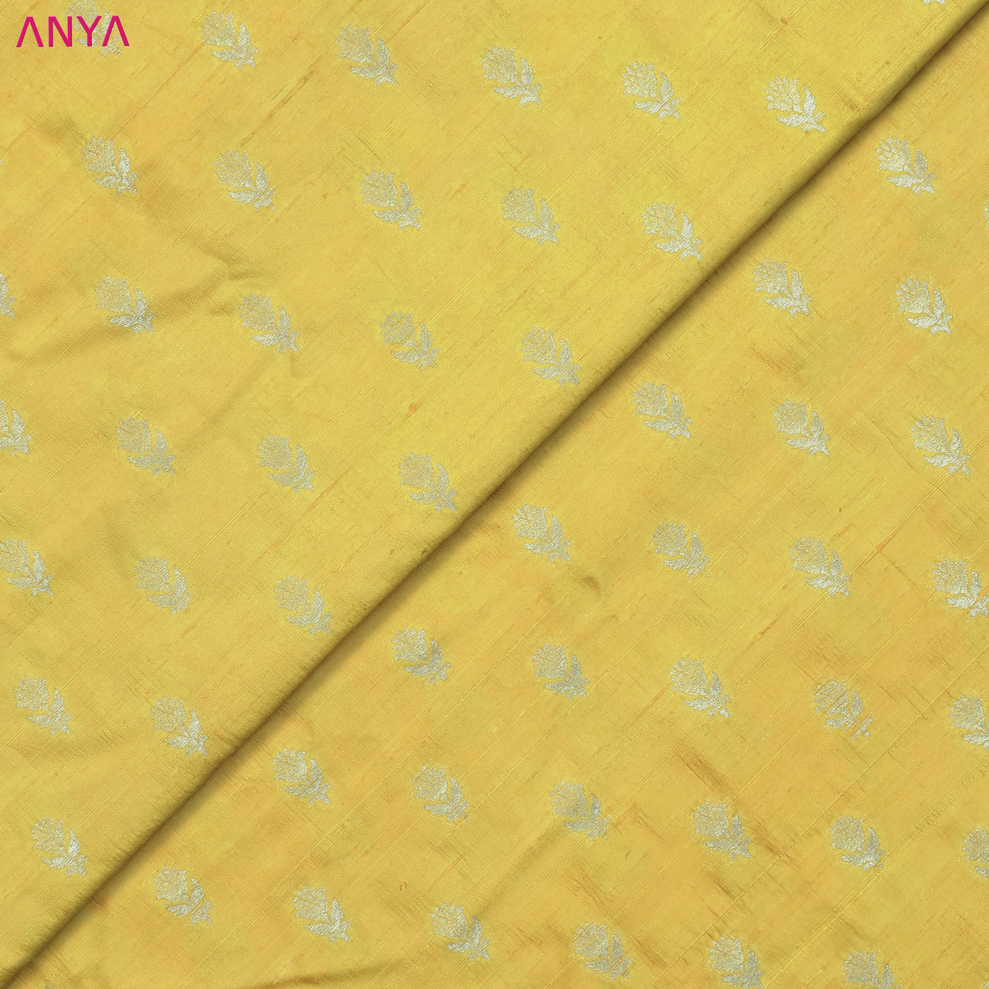 Lemon Yellow Tussar Raw Silk Fabric with Flower Banarasi Butta Design