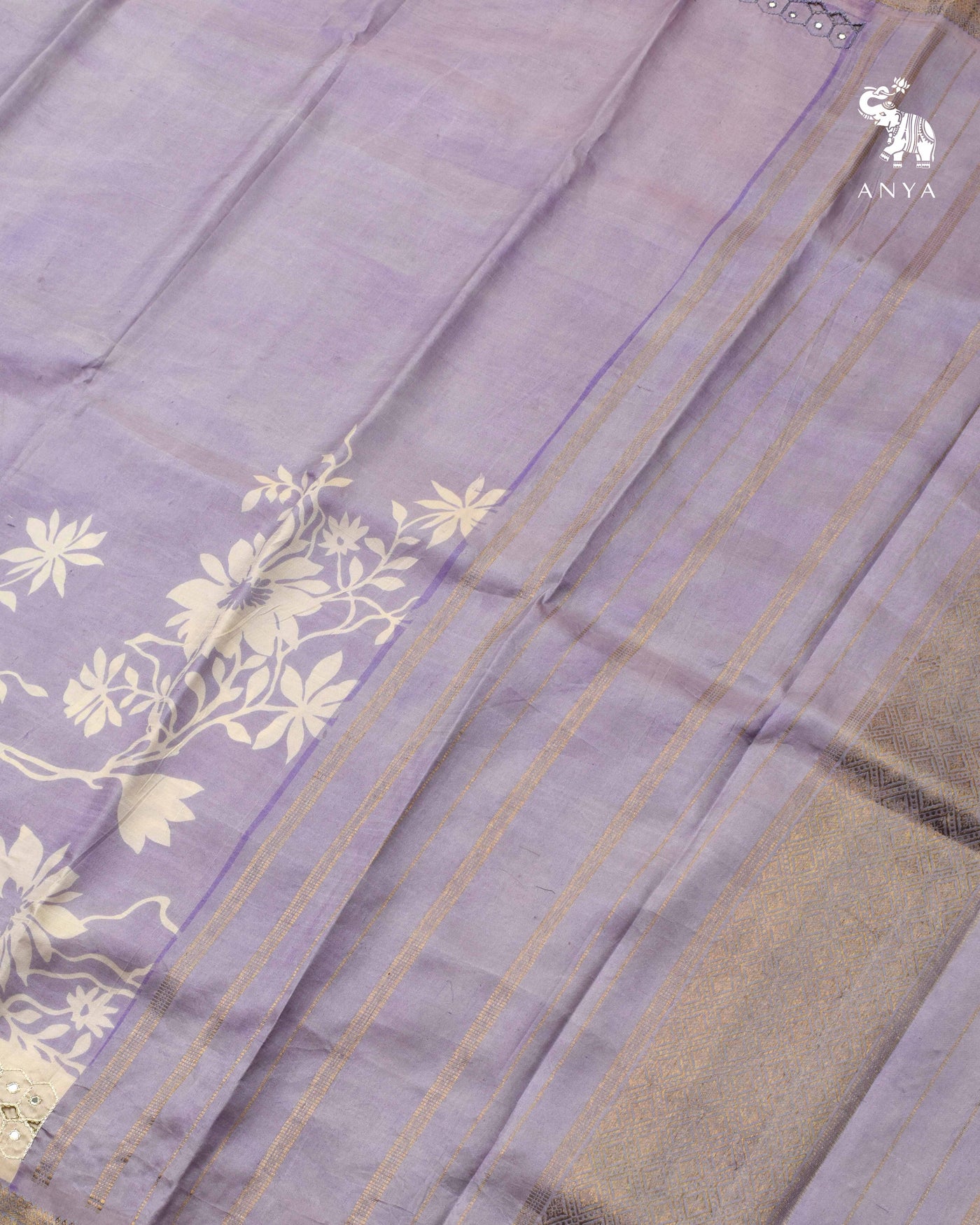 Lavender Printed Kanchi Silk Saree with Cut Work Design
