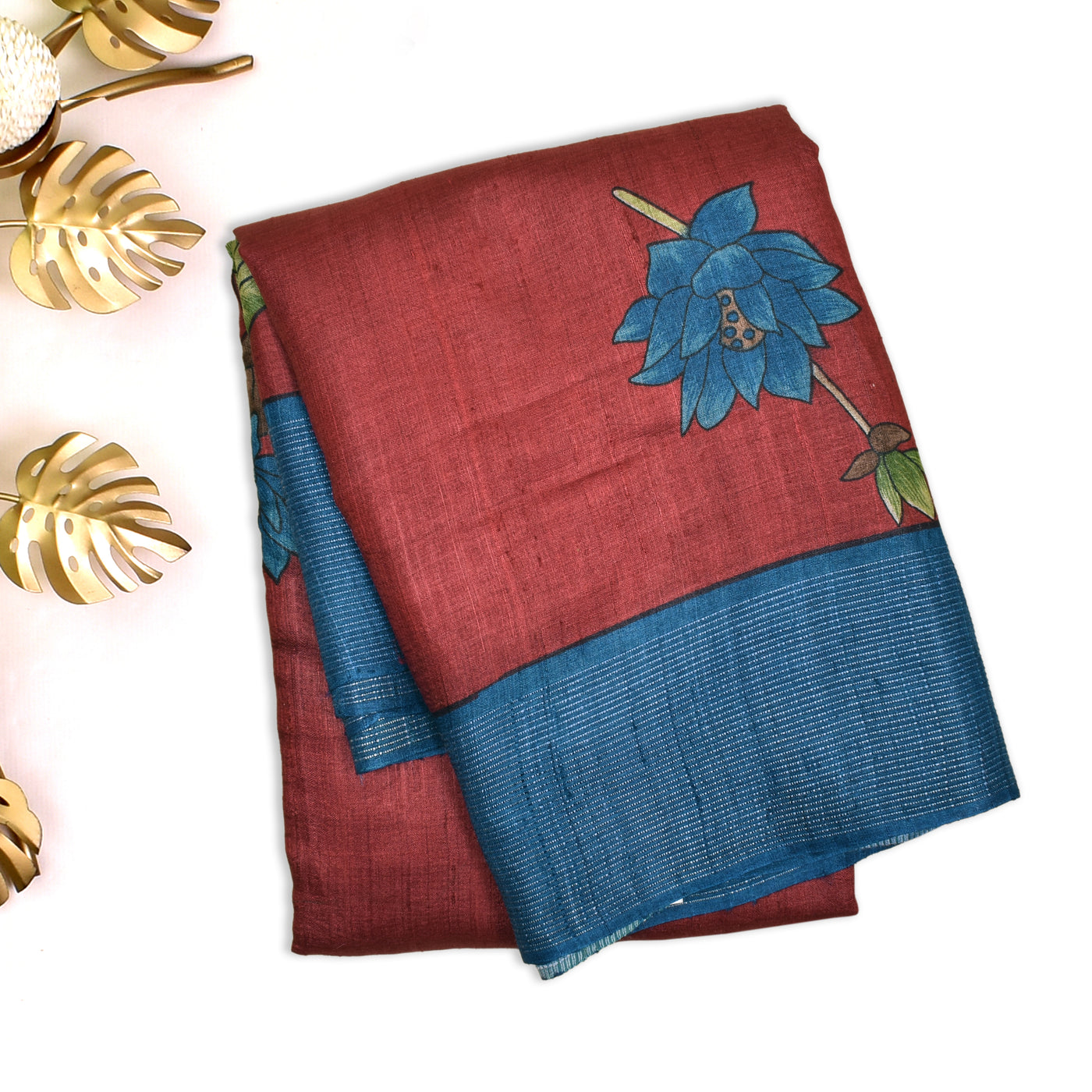 Red Tussar Silk Saree with Floral Printed Design