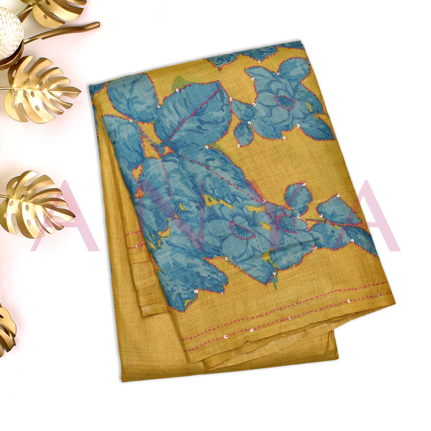 Mustard Tussar Silk Saree with Floral Kantha Work Design