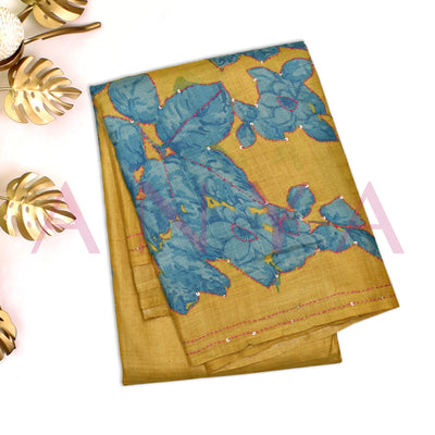 Mustard Tussar Silk Saree with Floral Kantha Work Design