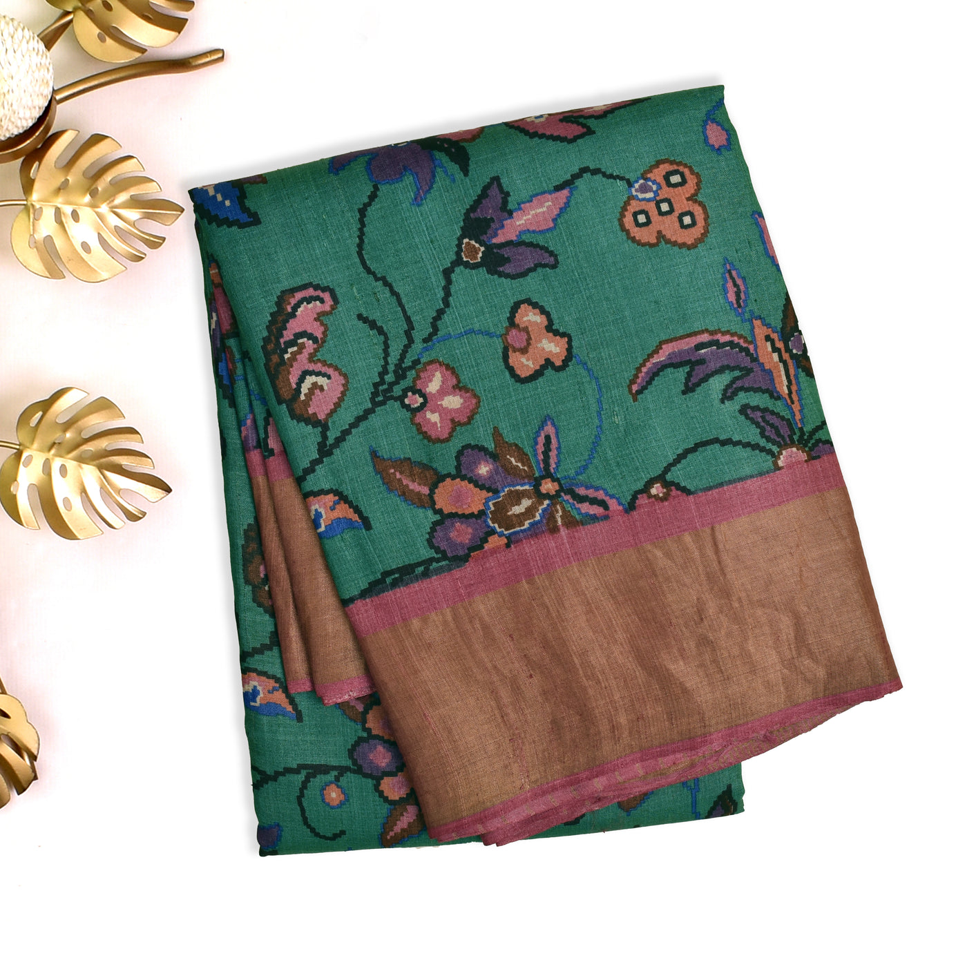 Green Tussar Silk Saree with Floral Design