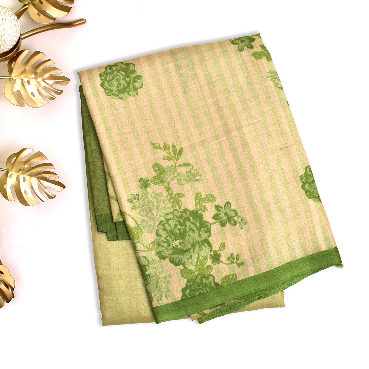 Off White and Green Tussar Silk Saree with Stripes and Floral Design
