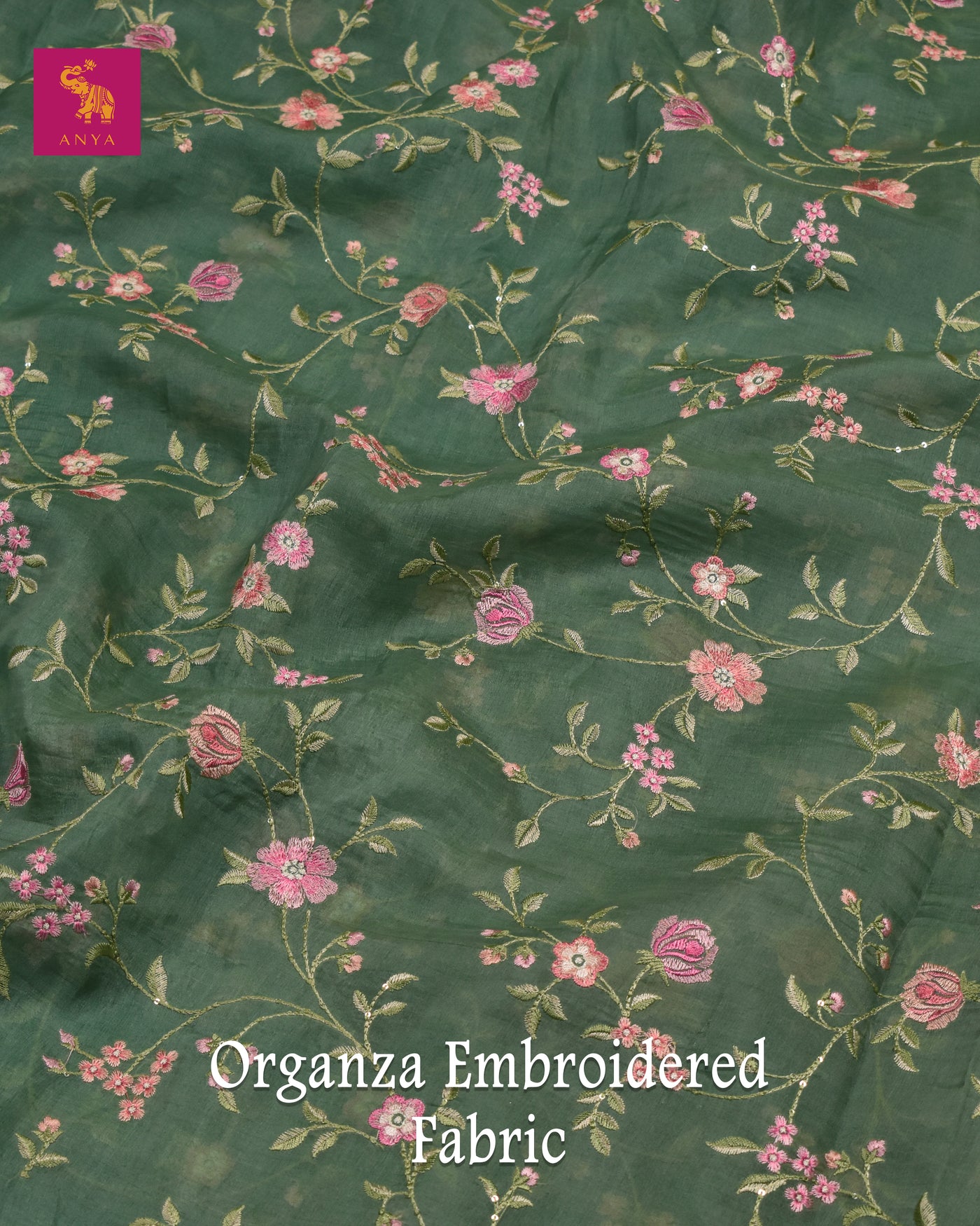 Green Organza Fabric with Floral Embroidery Design