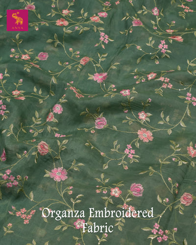 Green Organza Fabric with Floral Embroidery Design