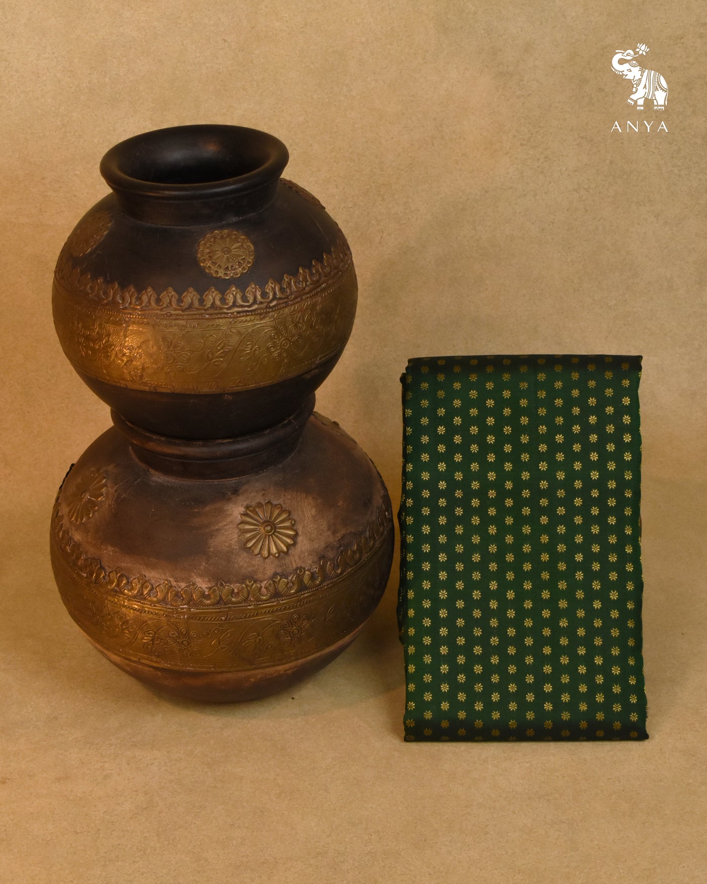 Bottle Green Kanchi Silk Fabric with Star Zari Butta Design