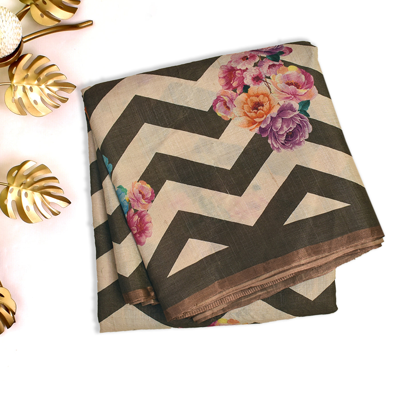 Off White Tussar Silk Saree with Floral Zig Zag Design