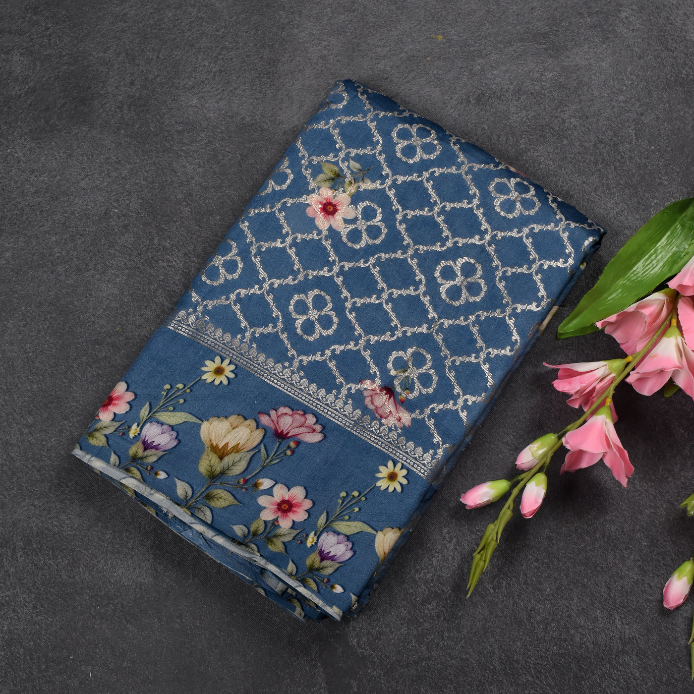 Blue Banarasi Silk Saree with Triangle and Floral Print Design