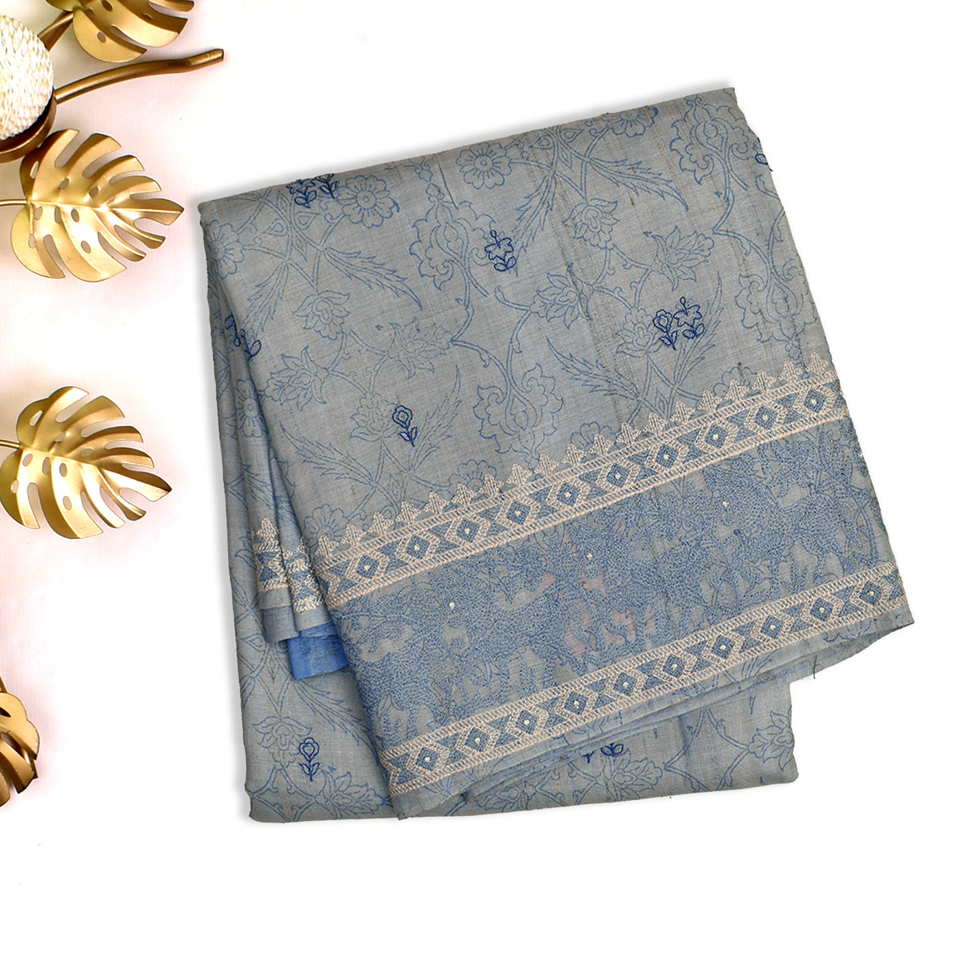 Baby Blue Tussar Silk Saree with Floral Embroidery Design