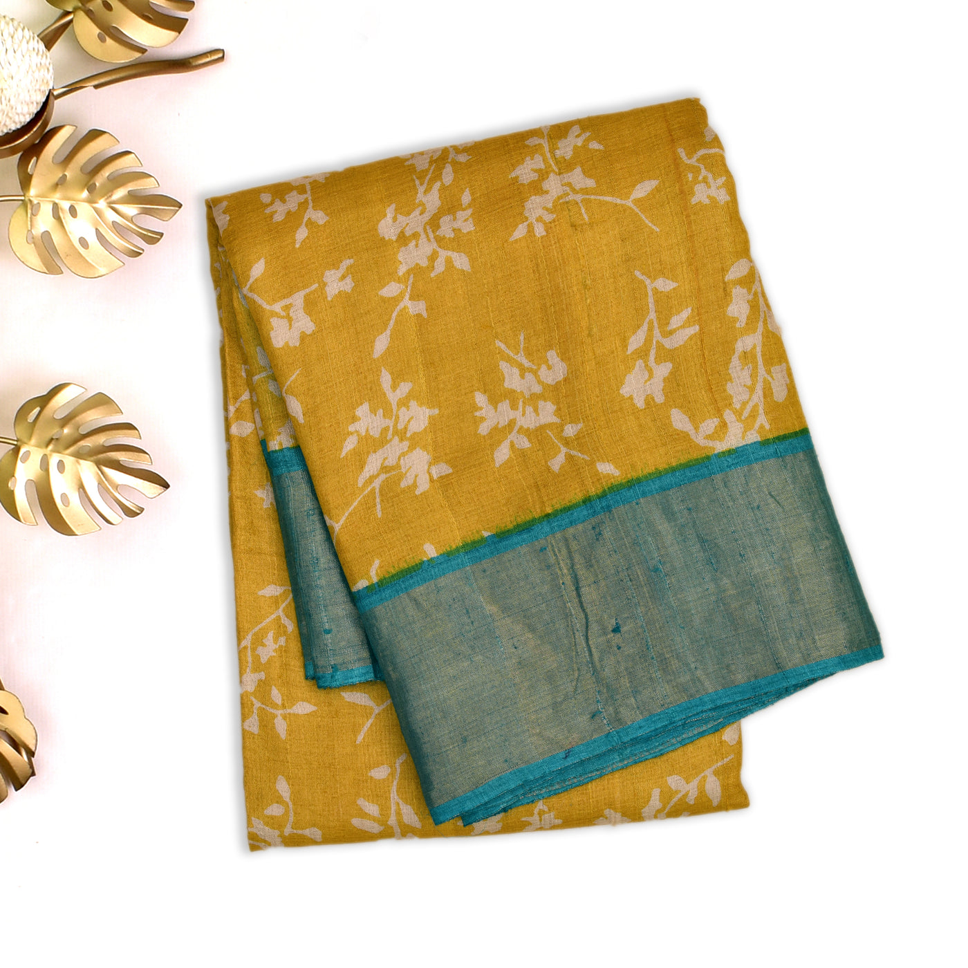 Mustard Tussar Silk Saree with Flower Printed Design